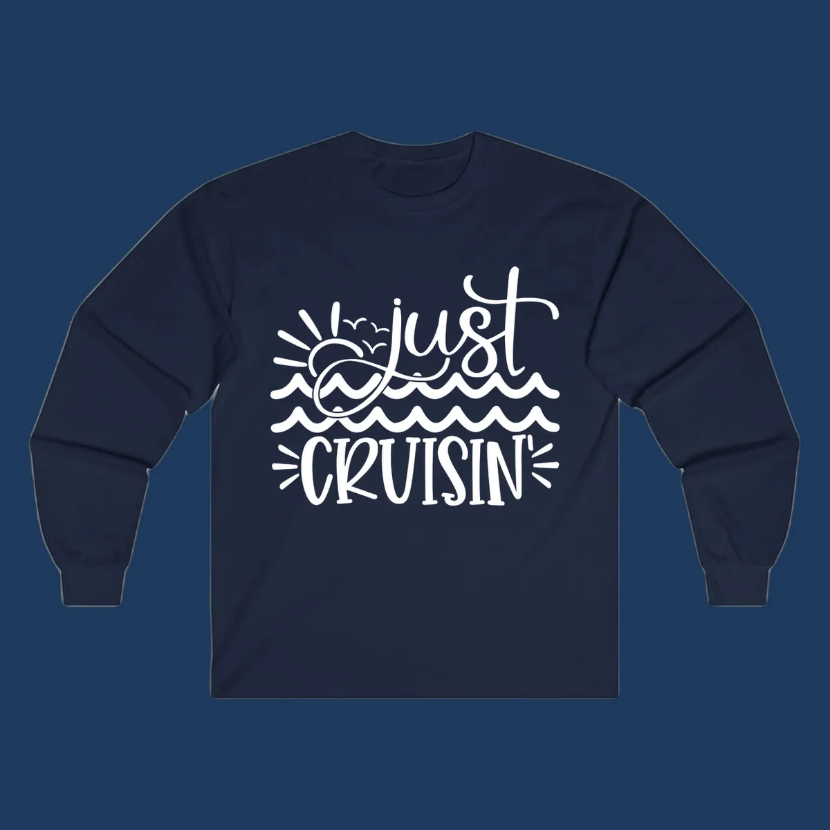 White line-art illustration of sun and ocean waves with 'just CRUISIN'' text on gray background