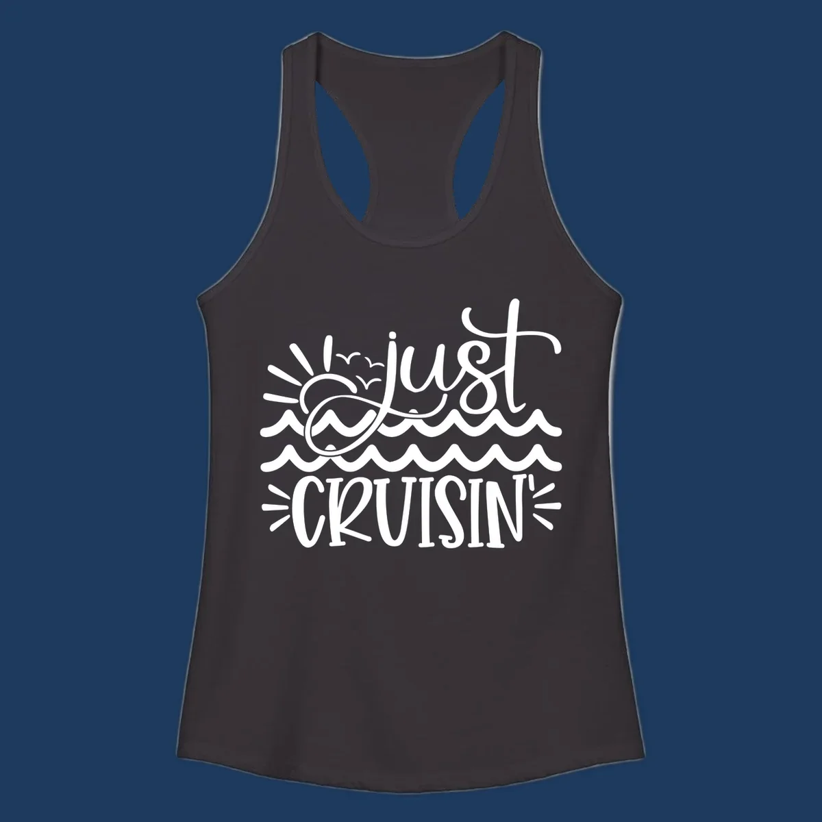 White line-art illustration of sun and ocean waves with 'just CRUISIN'' text on gray background