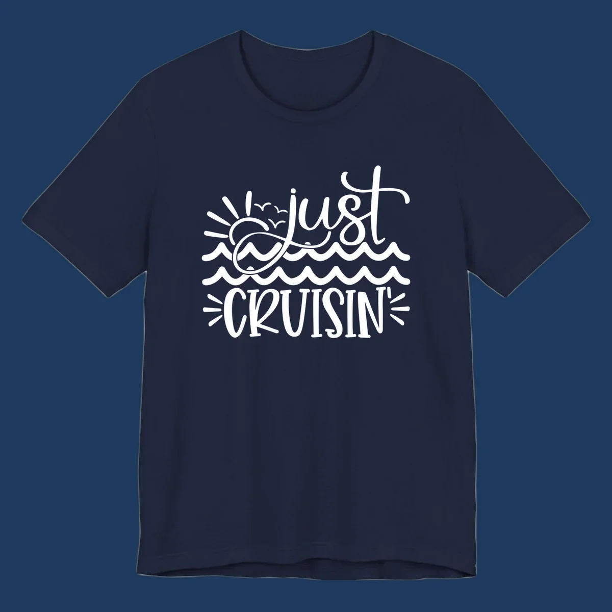 White line-art illustration of sun and ocean waves with 'just CRUISIN'' text on gray background
