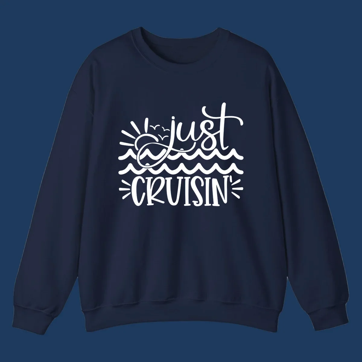 White line-art illustration of sun and ocean waves with 'just CRUISIN'' text on gray background