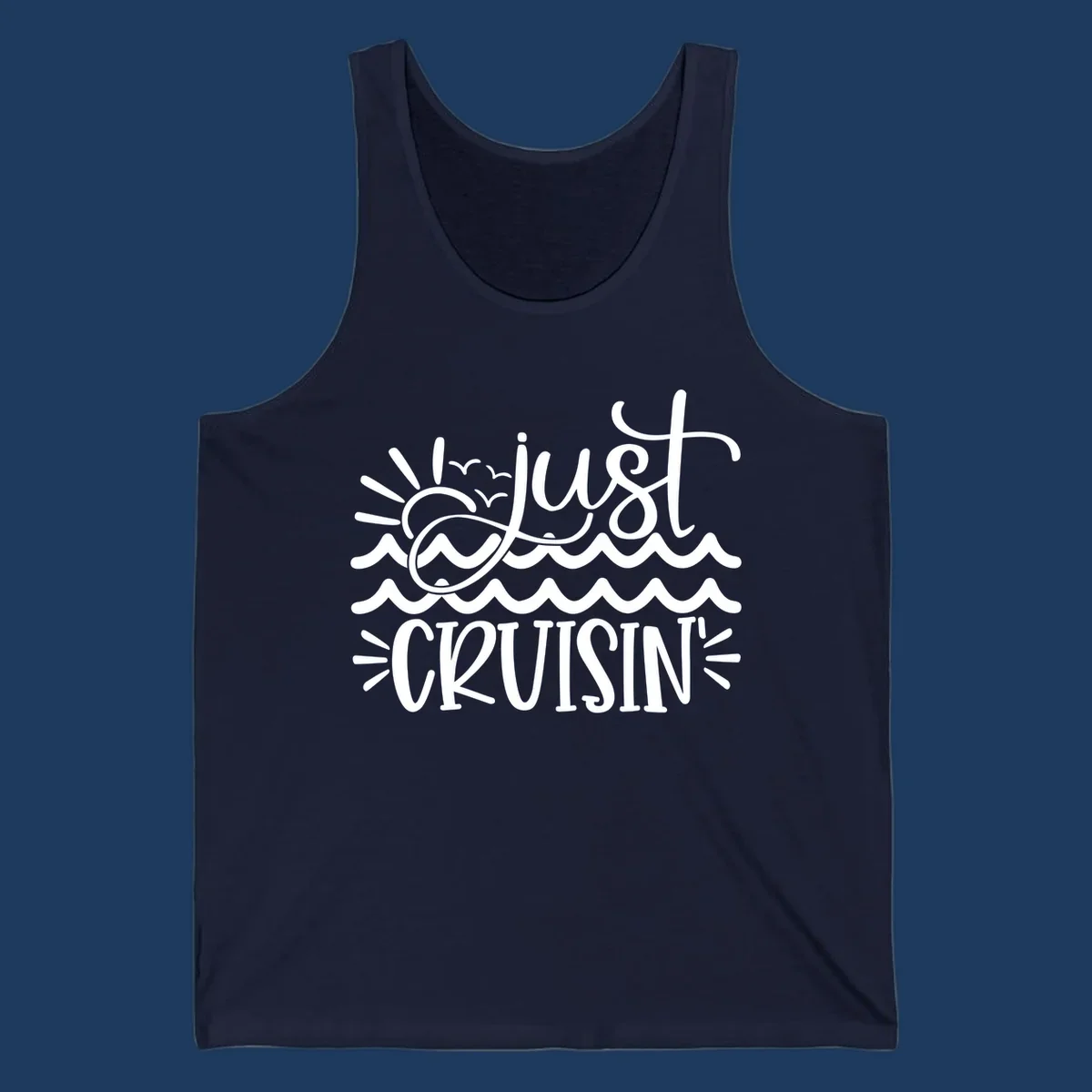 White line-art illustration of sun and ocean waves with 'just CRUISIN'' text on gray background