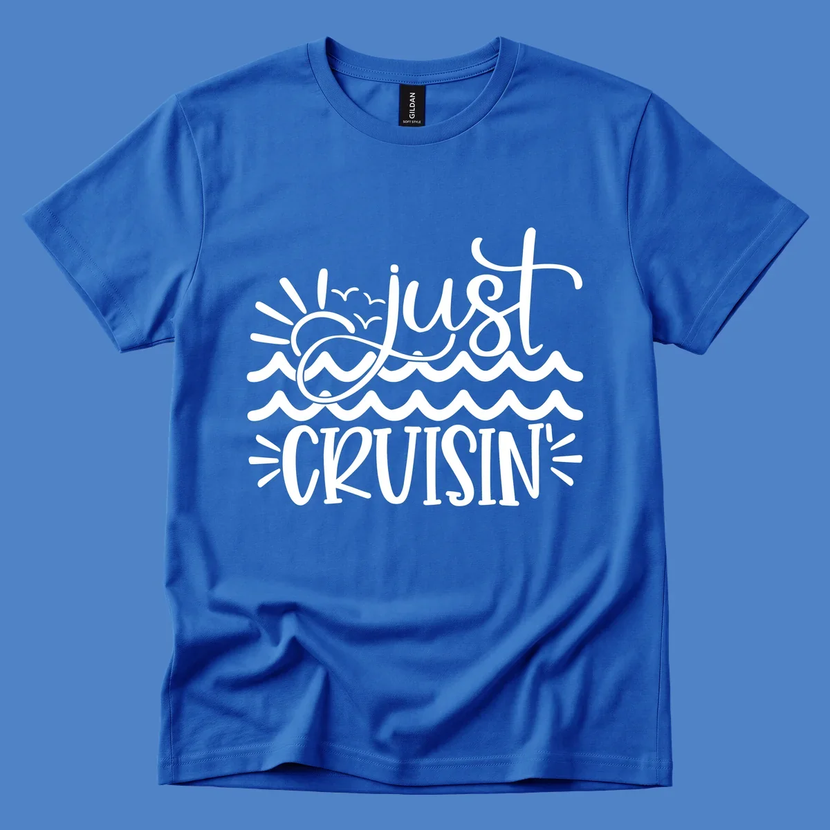 White line-art illustration of sun and ocean waves with 'just CRUISIN'' text on gray background