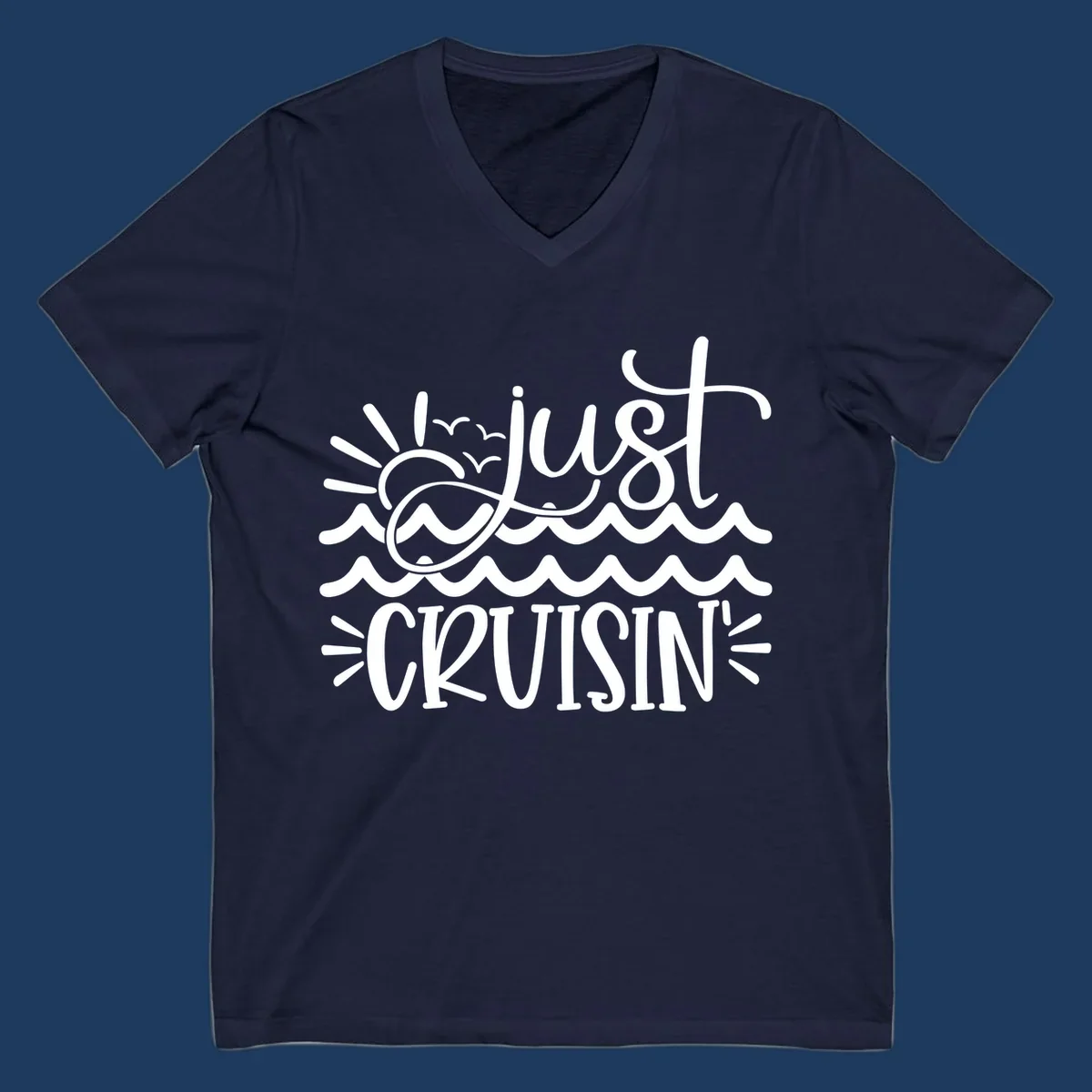 White line-art illustration of sun and ocean waves with 'just CRUISIN'' text on gray background