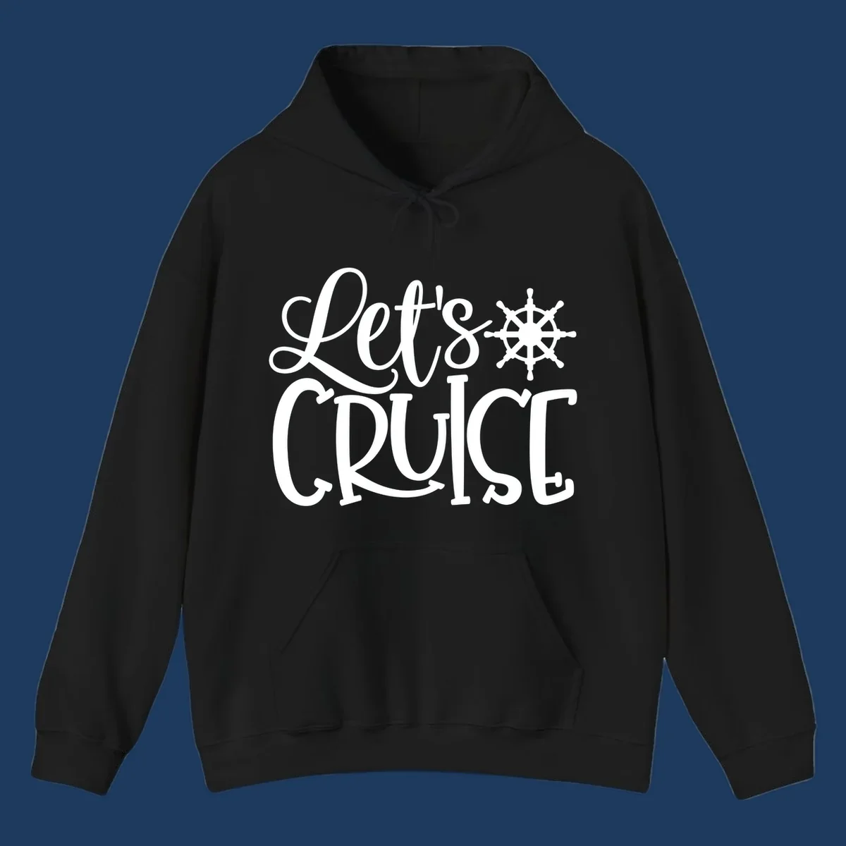 Let's Cruise design with flowing script lettering and nautical ship's wheel graphic in white