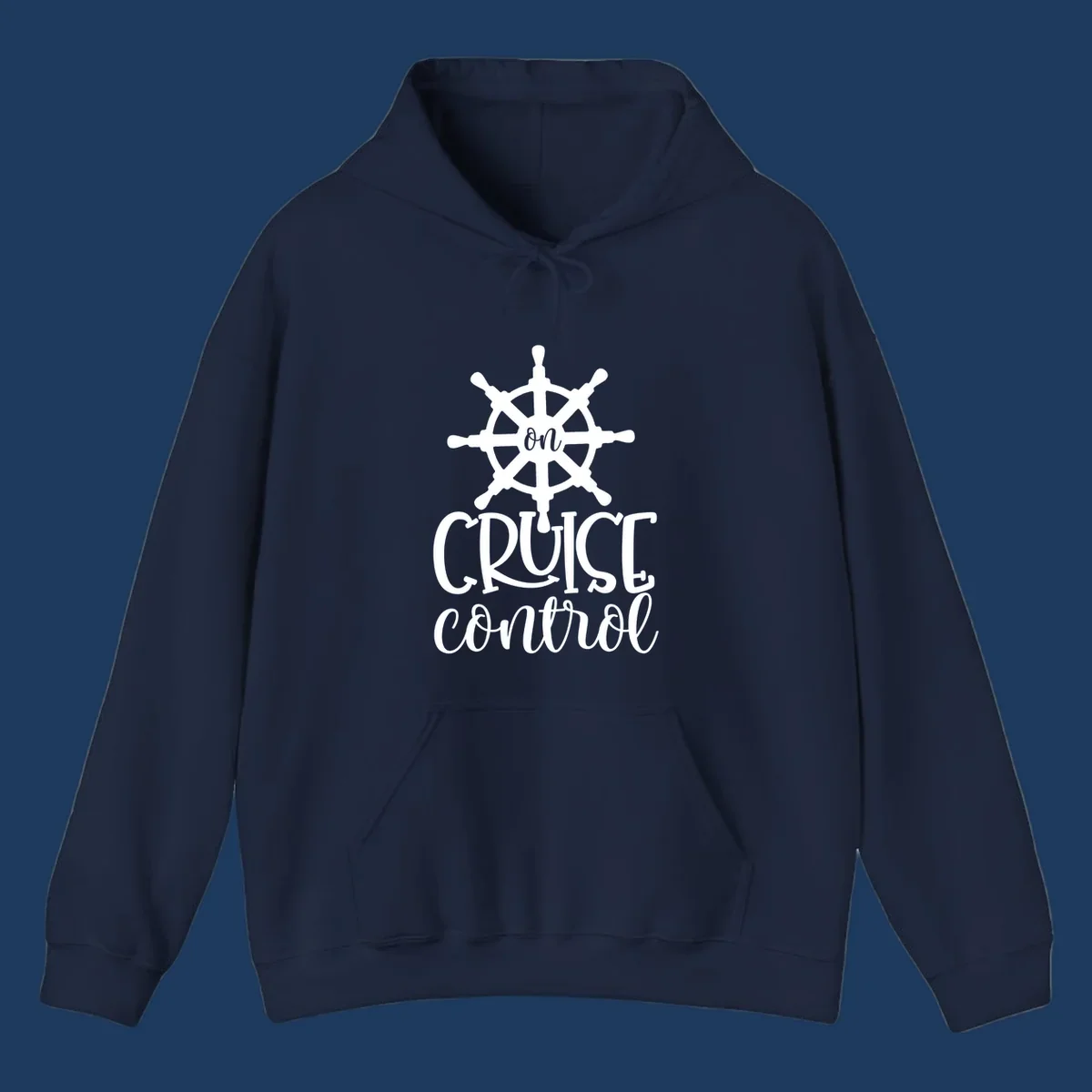 White ship wheel with 'ON CRUISE CONTROL' text below on gray background - nautical cruise design