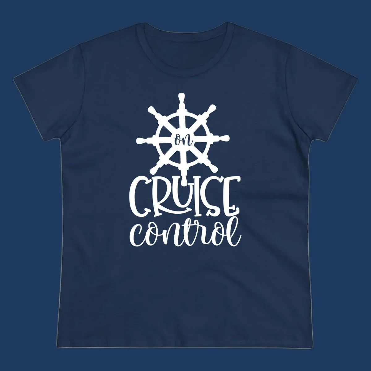 White ship wheel with 'ON CRUISE CONTROL' text below on gray background - nautical cruise design