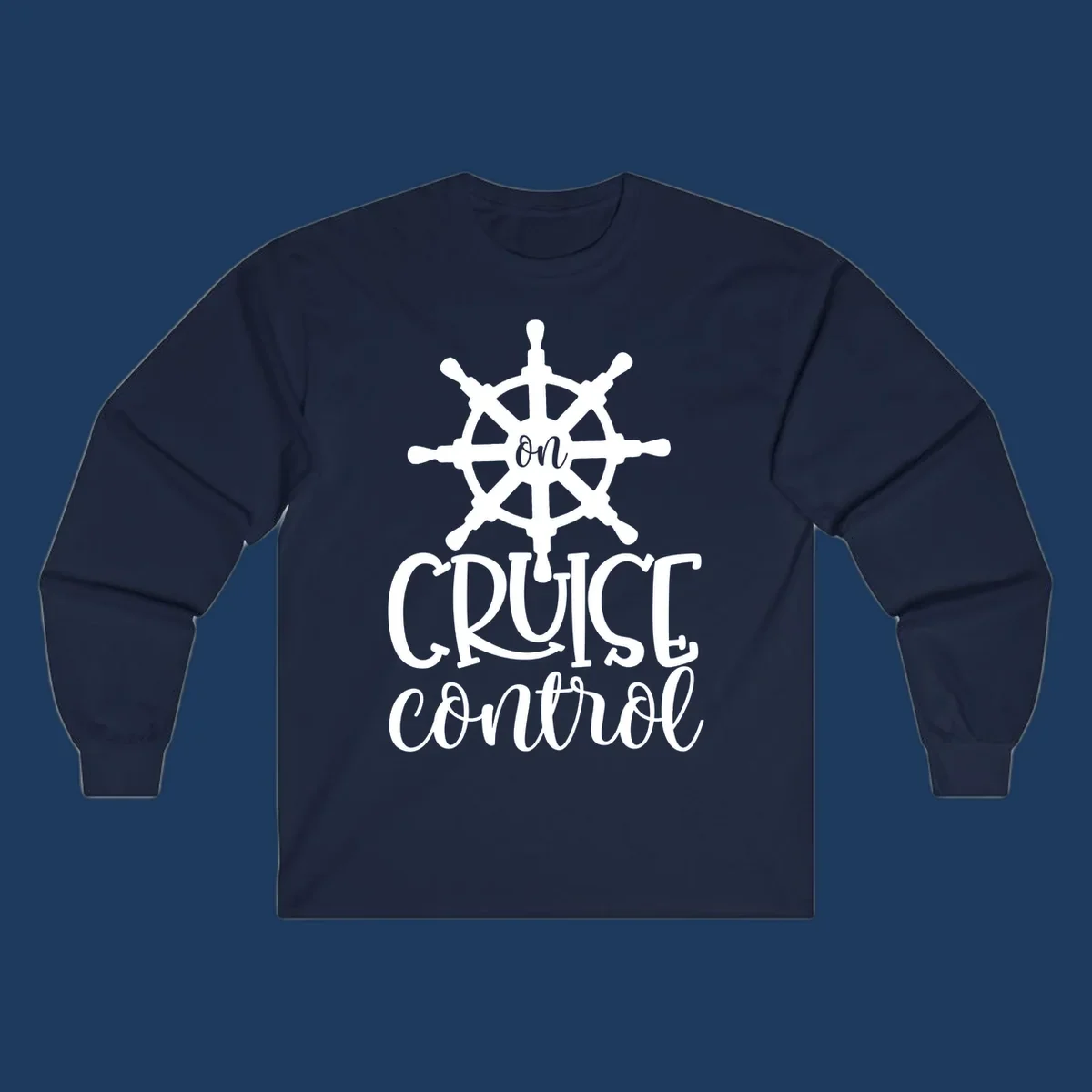 White ship wheel with 'ON CRUISE CONTROL' text below on gray background - nautical cruise design