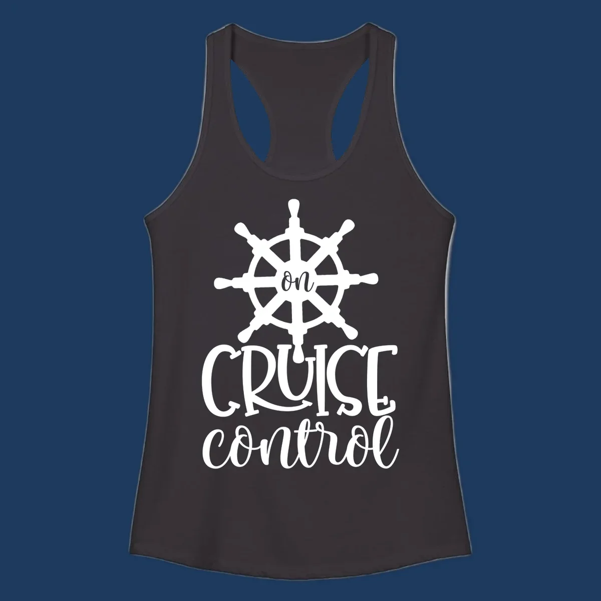 White ship wheel with 'ON CRUISE CONTROL' text below on gray background - nautical cruise design
