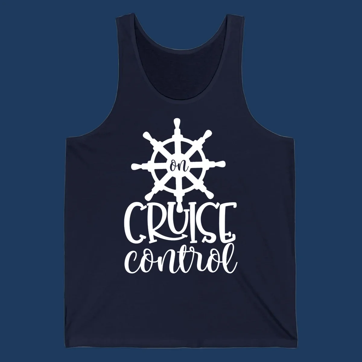 White ship wheel with 'ON CRUISE CONTROL' text below on gray background - nautical cruise design