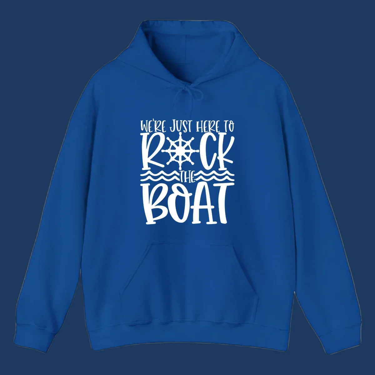 White nautical design with ship's wheel and ocean waves featuring text 'We're Just Here To Kick The Boat' on gray background
