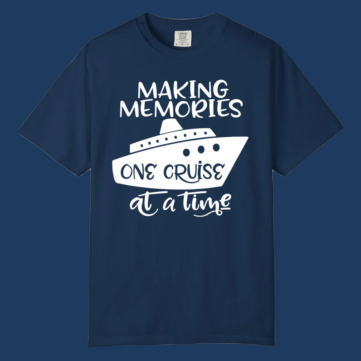 Cruise ship illustration with 'Making Memories One Cruise at a Time' text in white and gray on gray background