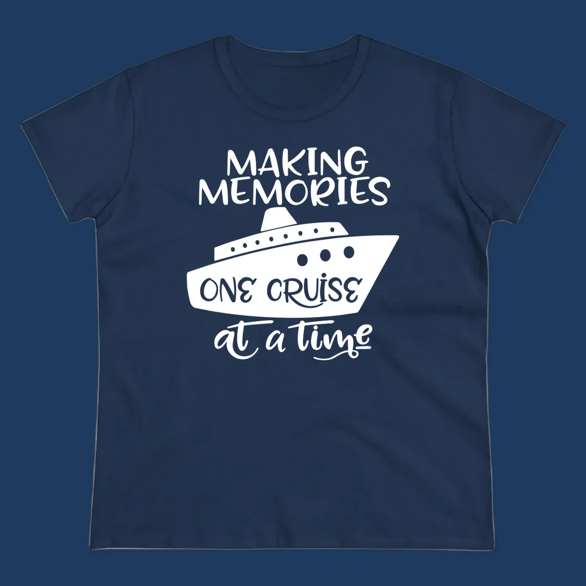 Cruise ship illustration with 'Making Memories One Cruise at a Time' text in white and gray on gray background