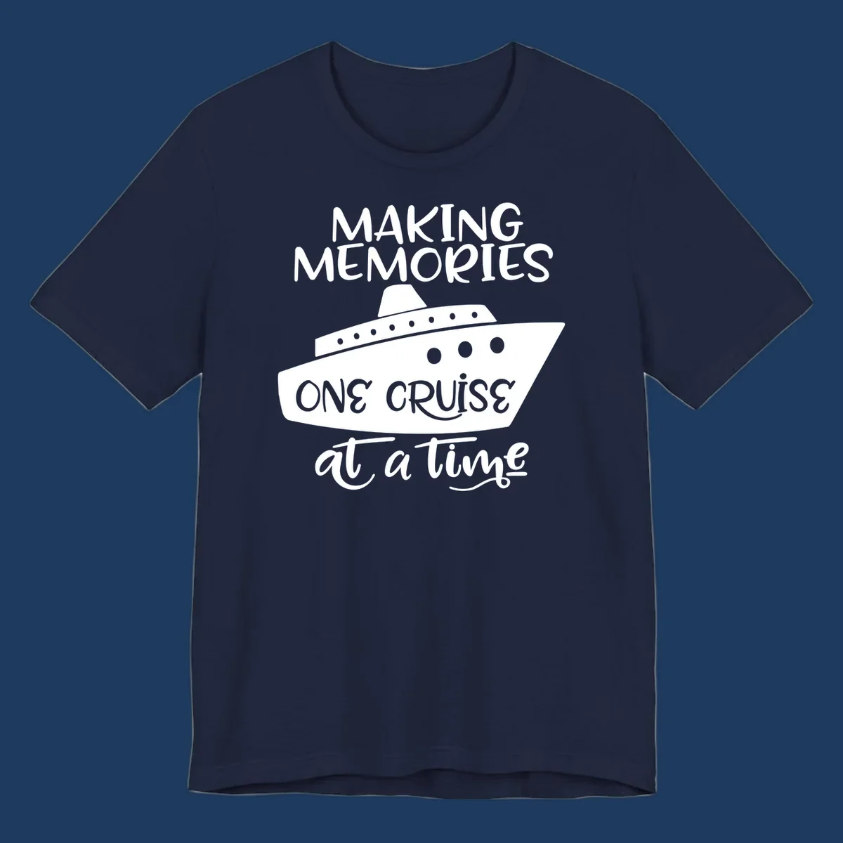 Cruise ship illustration with 'Making Memories One Cruise at a Time' text in white and gray on gray background