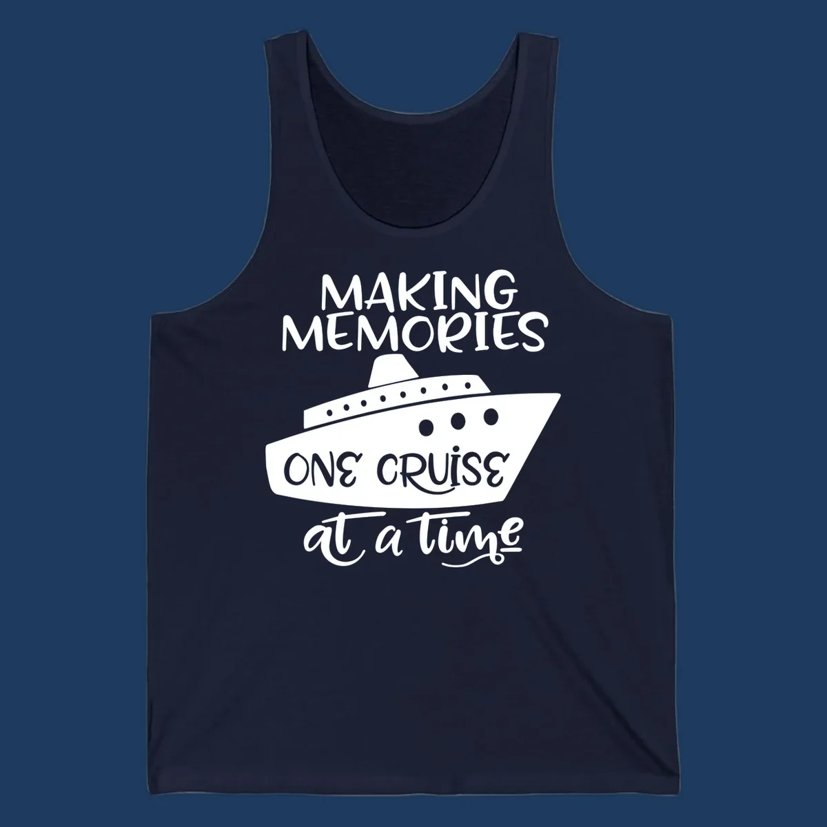 Cruise ship illustration with 'Making Memories One Cruise at a Time' text in white and gray on gray background