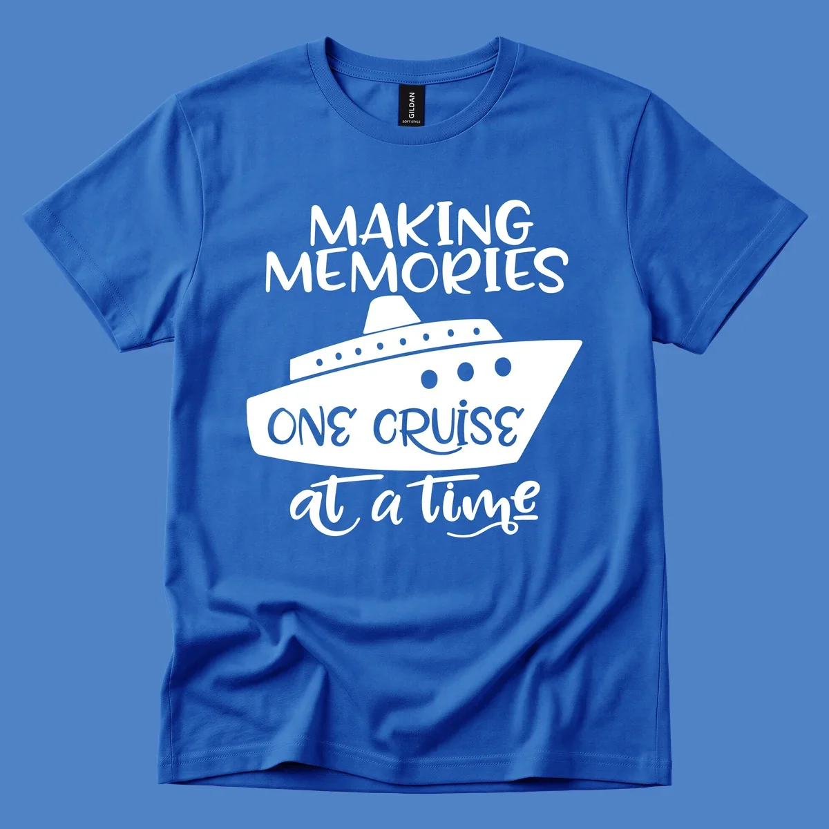 Cruise ship illustration with 'Making Memories One Cruise at a Time' text in white and gray on gray background
