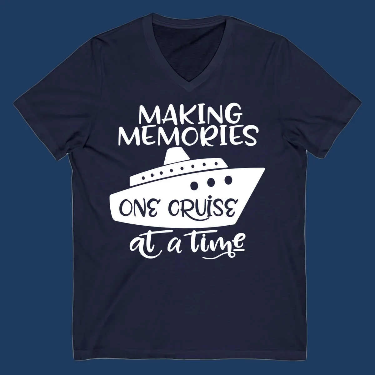 Cruise ship illustration with 'Making Memories One Cruise at a Time' text in white and gray on gray background