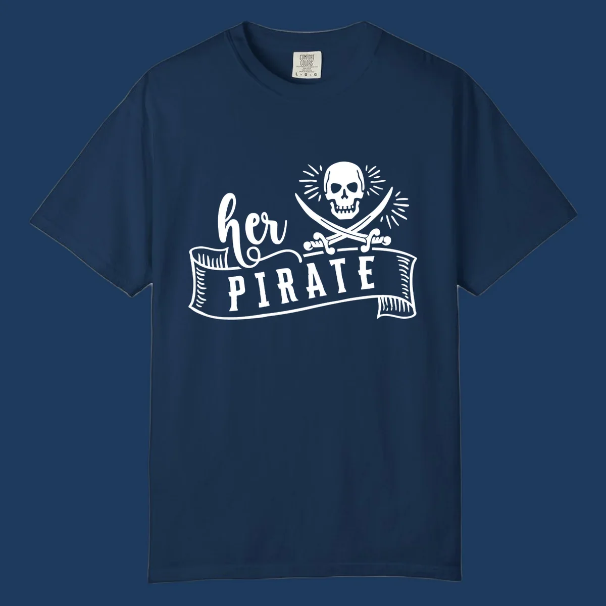 Pirate skull with crossed swords and 'Ahoy PIRATE' text banner on gray background