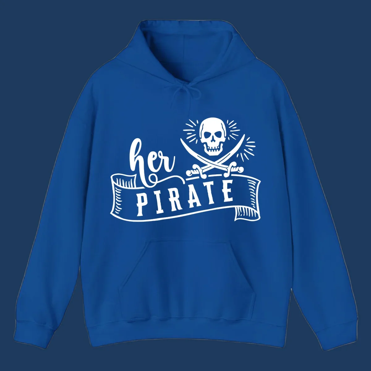Pirate skull with crossed swords and 'Ahoy PIRATE' text banner on gray background
