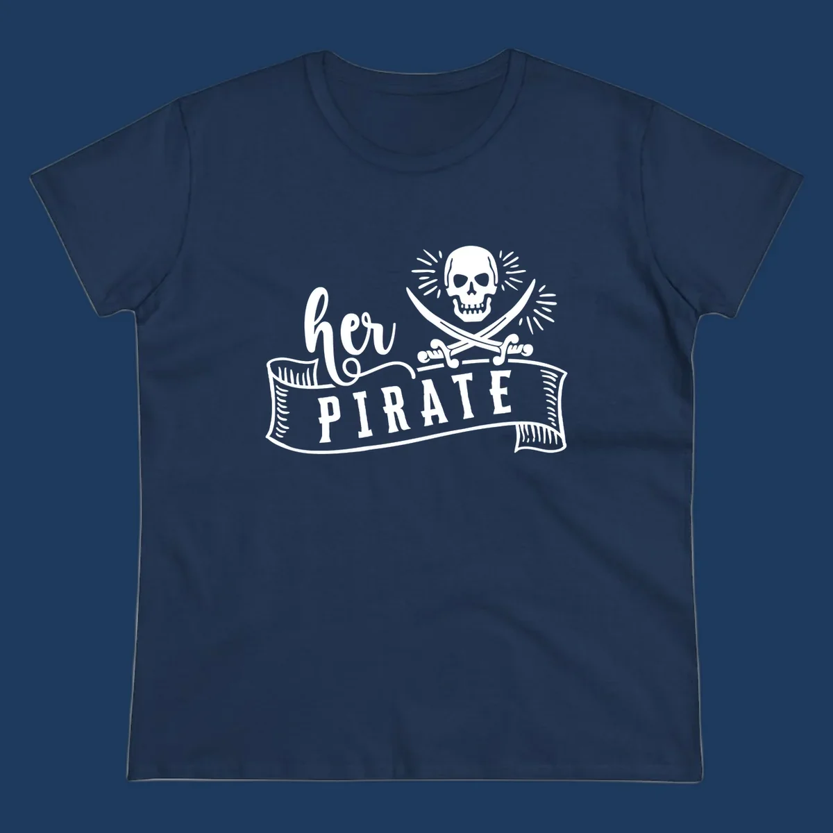 Pirate skull with crossed swords and 'Ahoy PIRATE' text banner on gray background