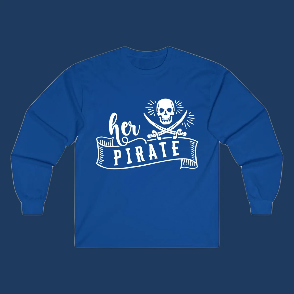 Pirate skull with crossed swords and 'Ahoy PIRATE' text banner on gray background