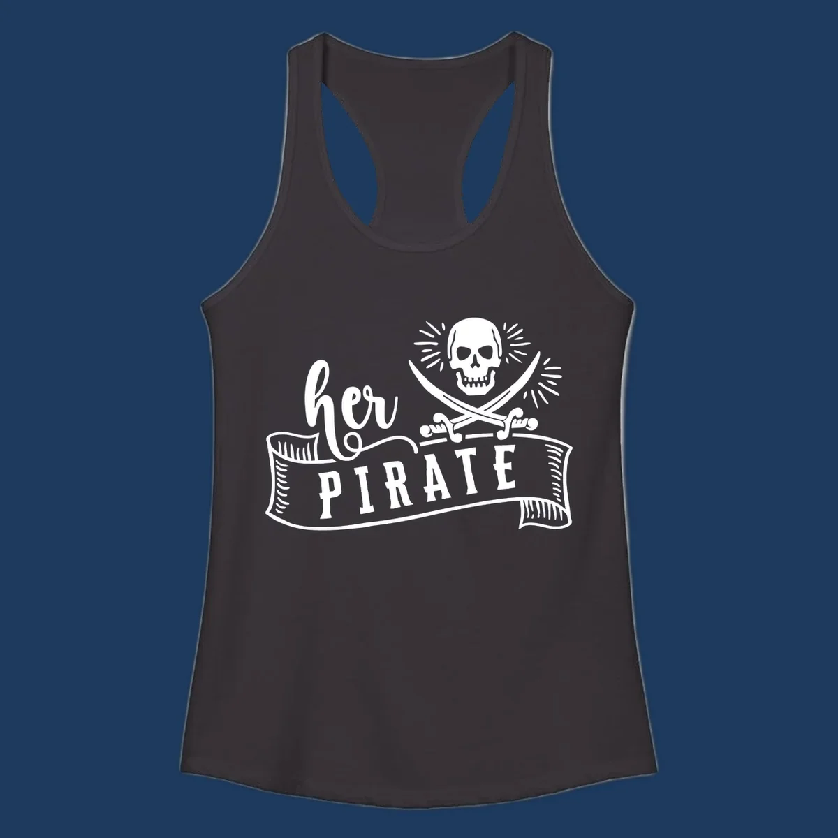 Pirate skull with crossed swords and 'Ahoy PIRATE' text banner on gray background