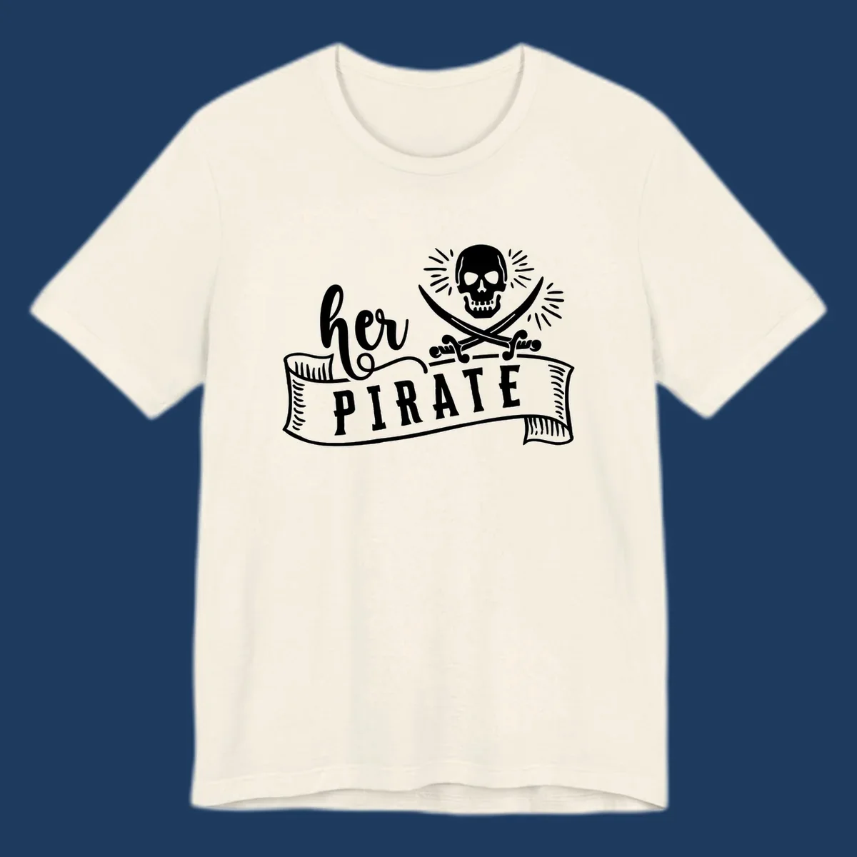 Pirate skull with crossed swords and 'Ahoy PIRATE' text banner on gray background