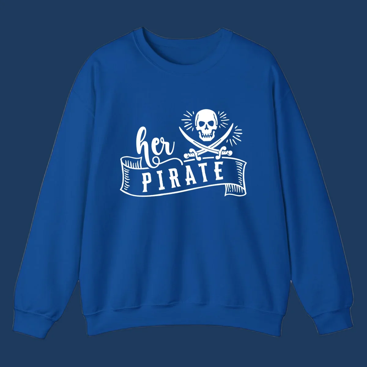 Pirate skull with crossed swords and 'Ahoy PIRATE' text banner on gray background