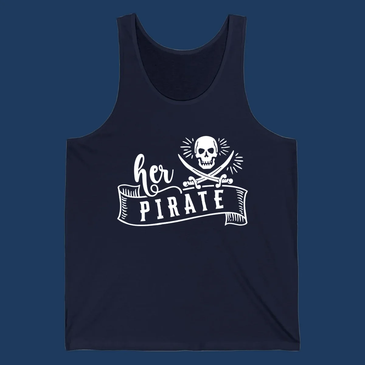 Pirate skull with crossed swords and 'Ahoy PIRATE' text banner on gray background