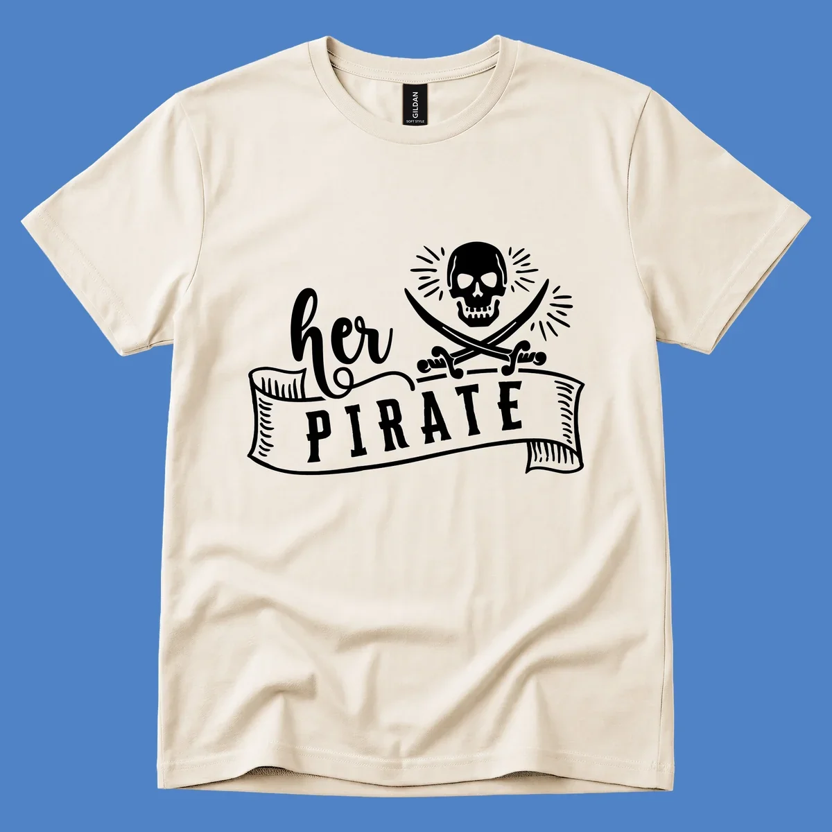 Pirate skull with crossed swords and 'Ahoy PIRATE' text banner on gray background