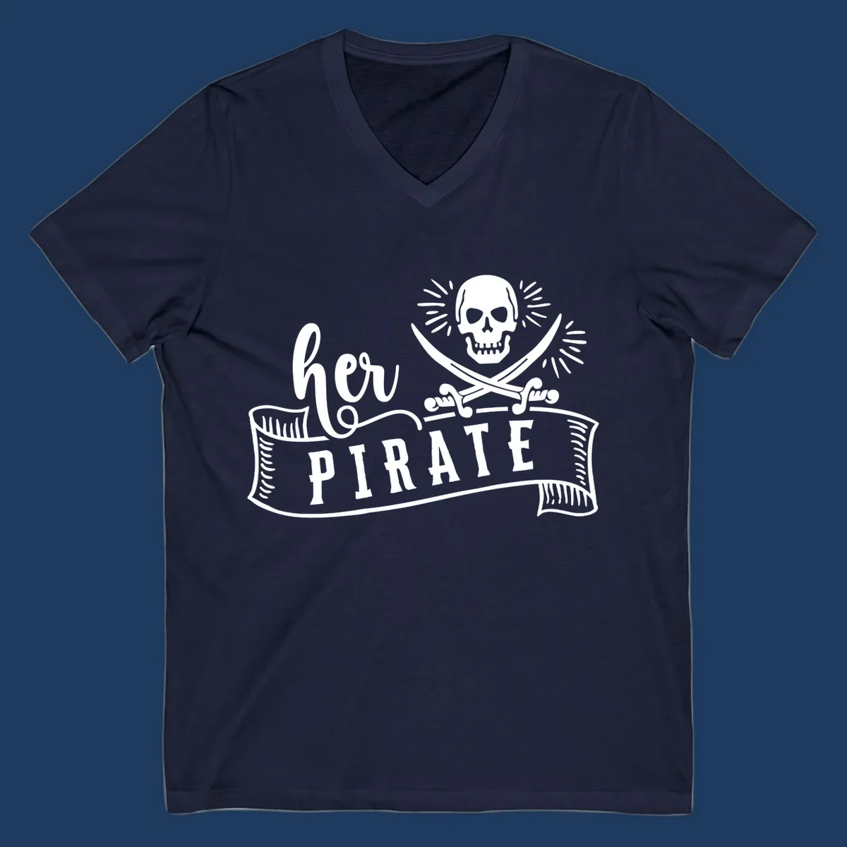 Pirate skull with crossed swords and 'Ahoy PIRATE' text banner on gray background