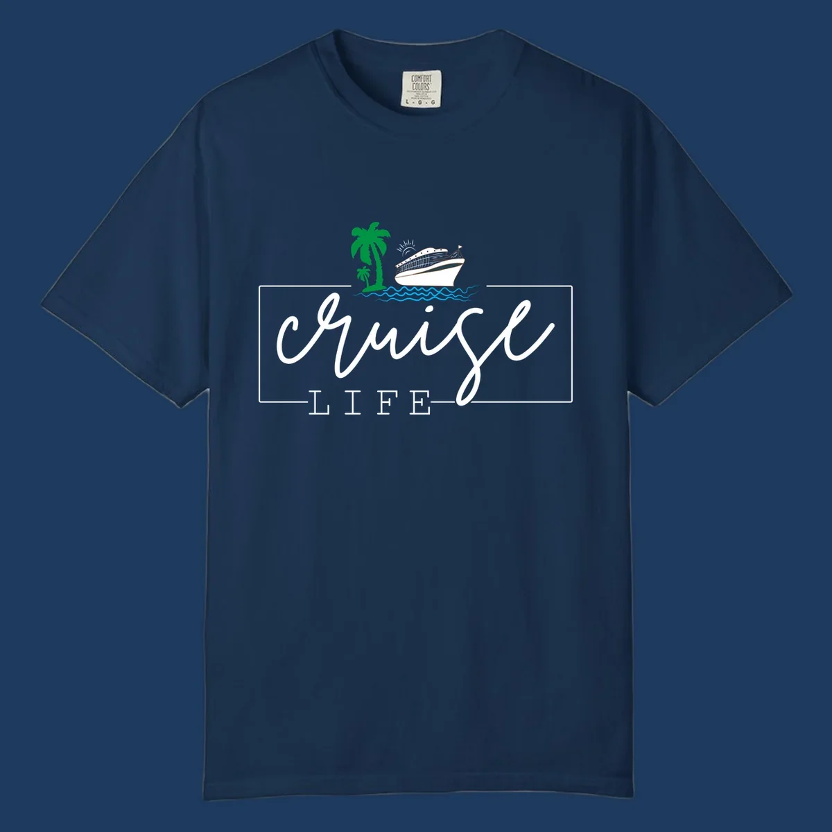Cruising life tropical design featuring a cruise ship, palm trees, ocean waves and sun with white script lettering