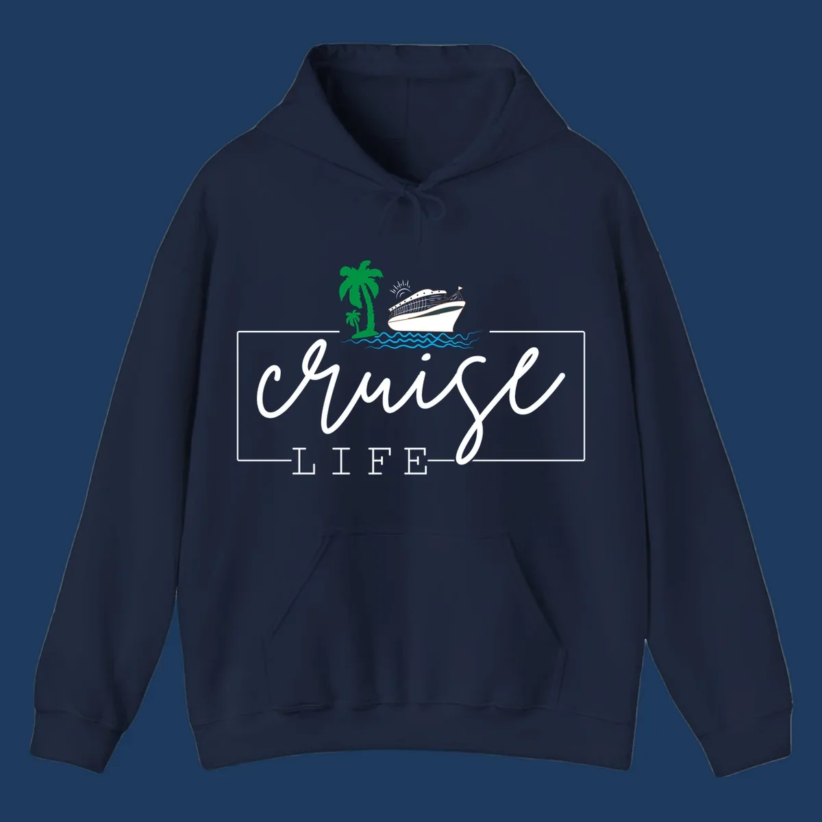 Cruising life tropical design featuring a cruise ship, palm trees, ocean waves and sun with white script lettering