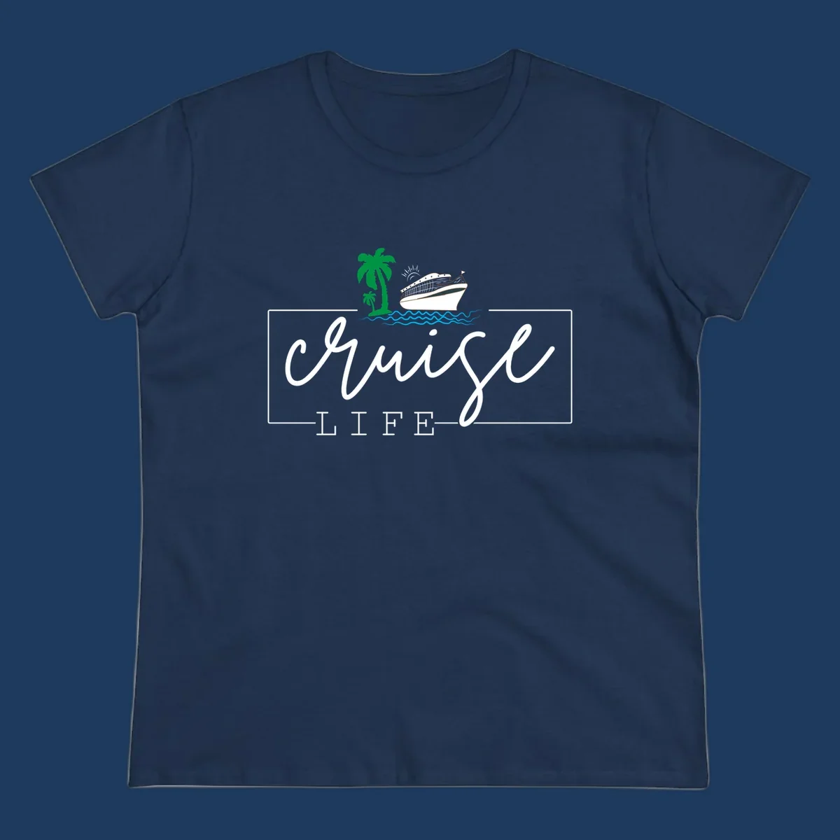 Cruising life tropical design featuring a cruise ship, palm trees, ocean waves and sun with white script lettering