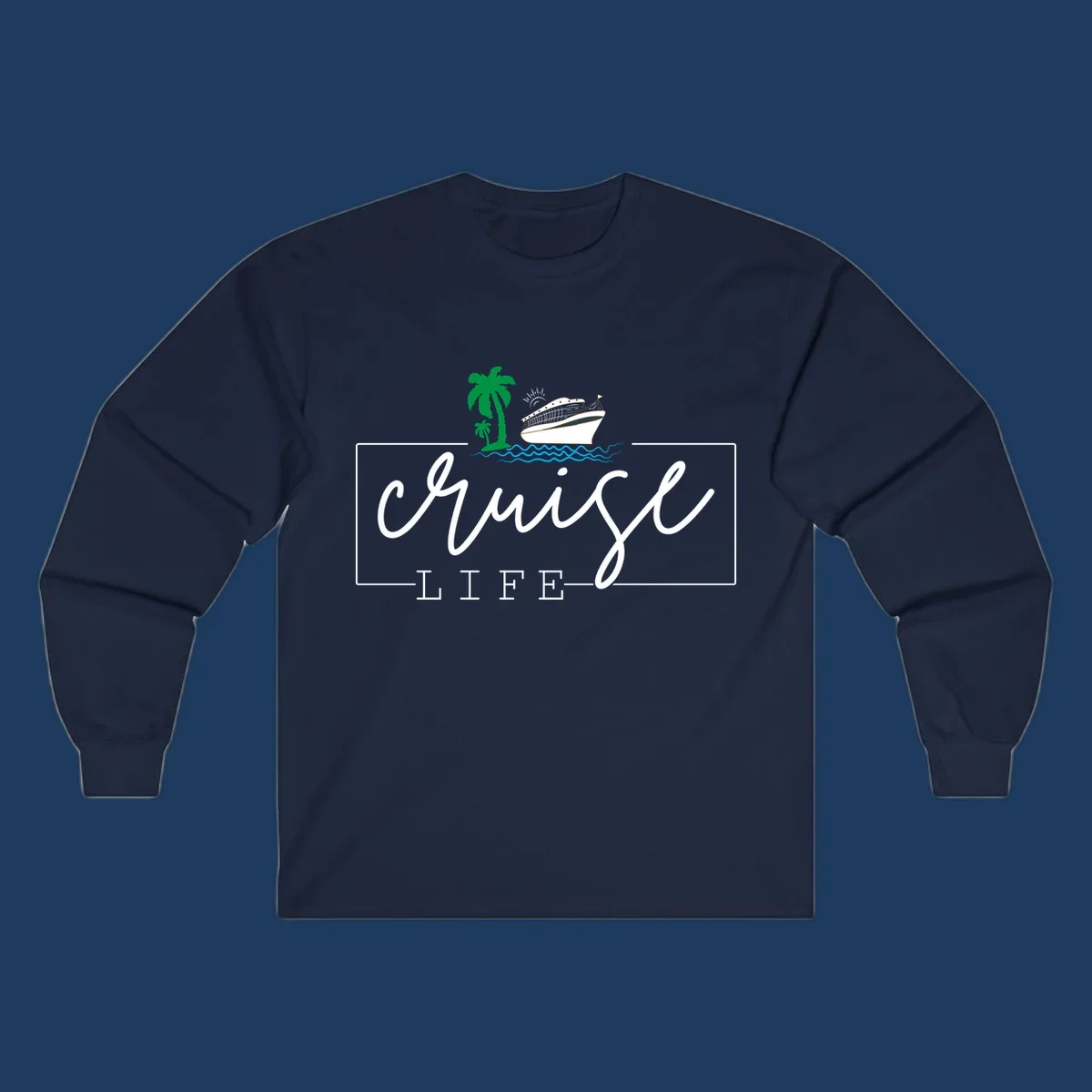 Cruising life tropical design featuring a cruise ship, palm trees, ocean waves and sun with white script lettering