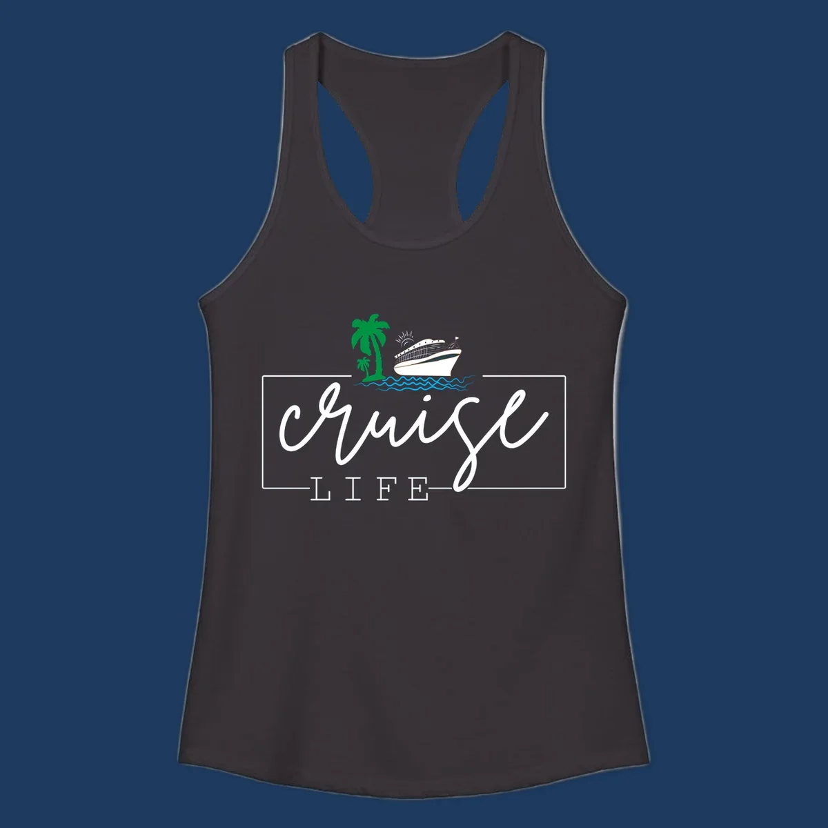 Cruising life tropical design featuring a cruise ship, palm trees, ocean waves and sun with white script lettering