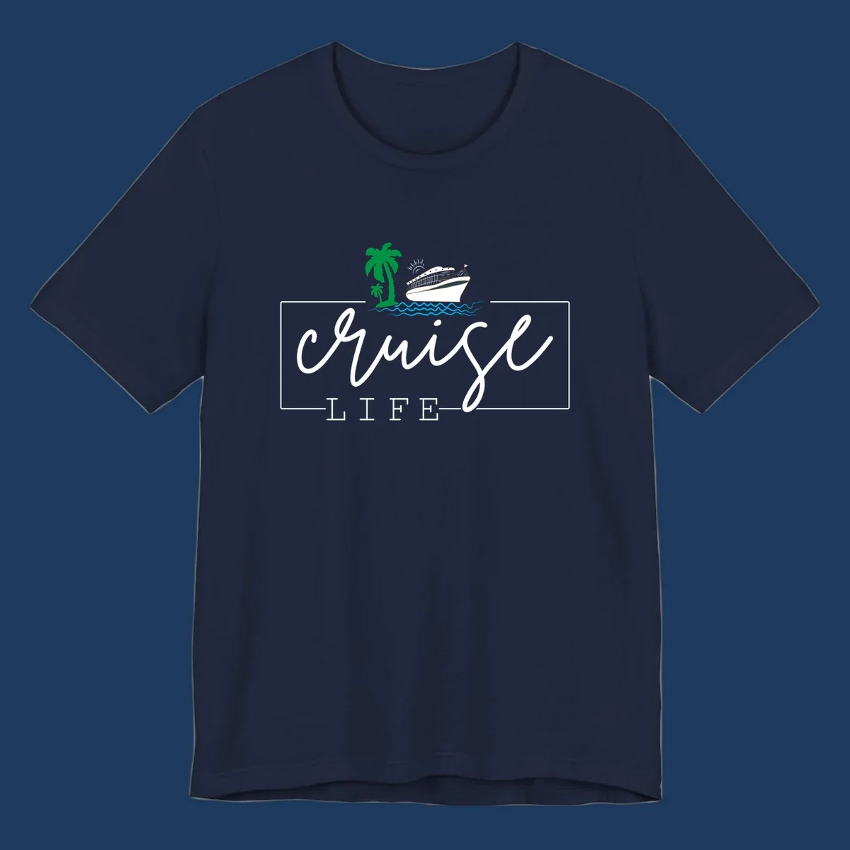 Cruising life tropical design featuring a cruise ship, palm trees, ocean waves and sun with white script lettering