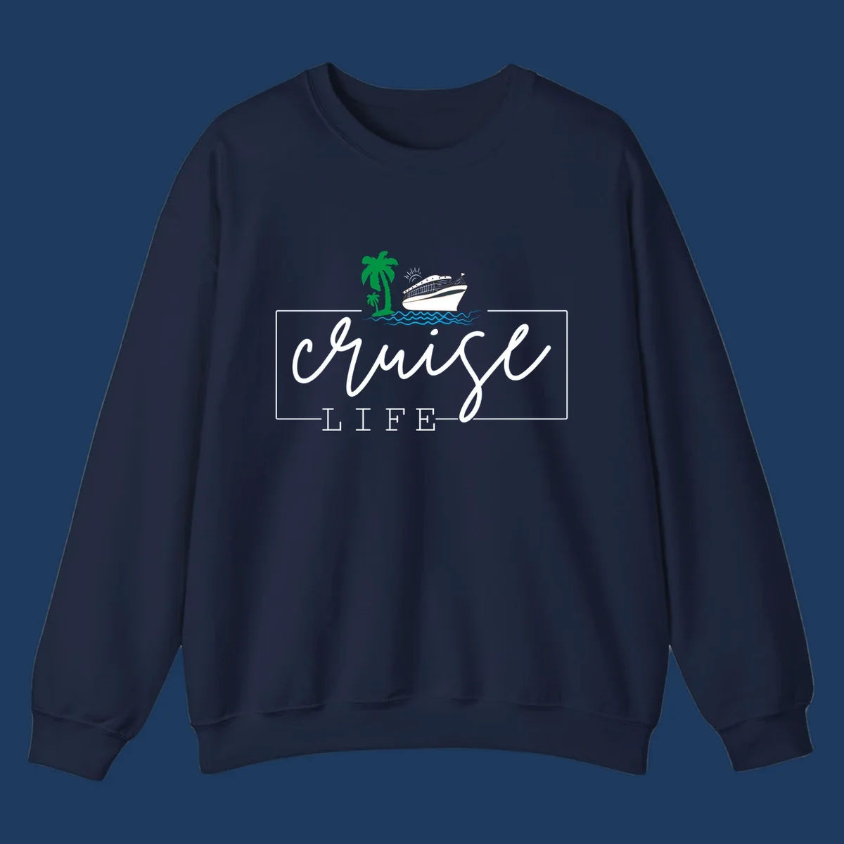 Cruising life tropical design featuring a cruise ship, palm trees, ocean waves and sun with white script lettering