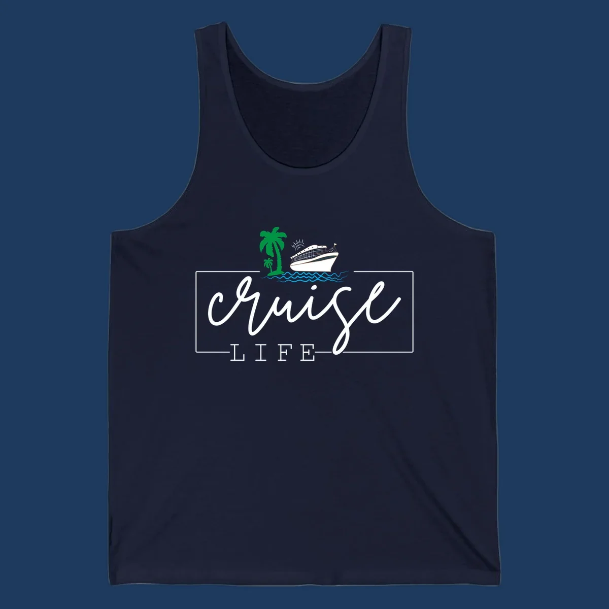 Cruising life tropical design featuring a cruise ship, palm trees, ocean waves and sun with white script lettering