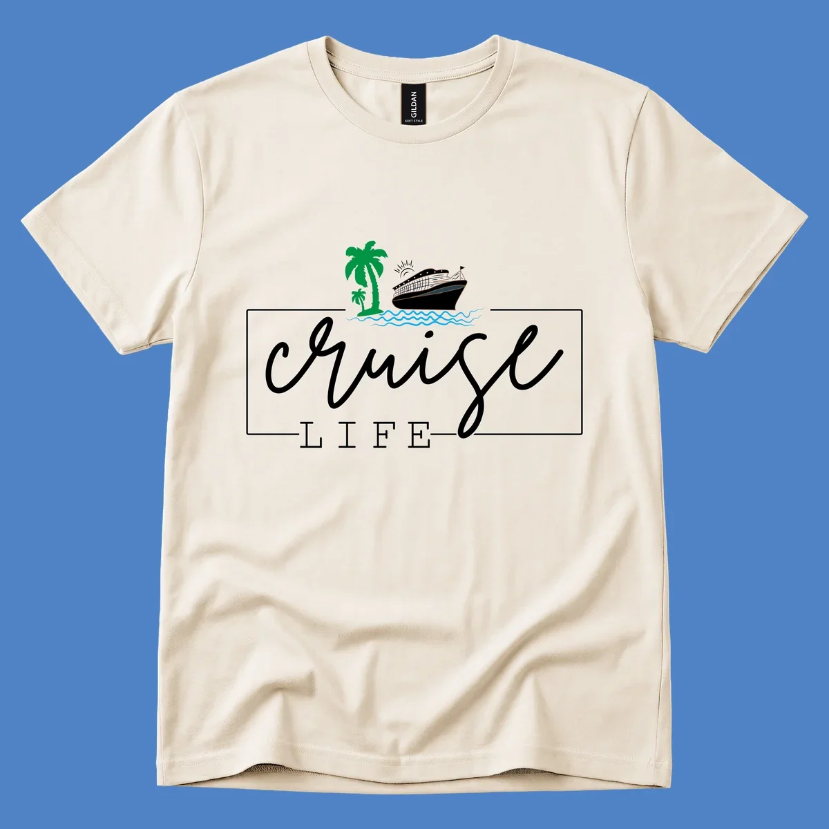 Cruising life tropical design featuring a cruise ship, palm trees, ocean waves and sun with white script lettering