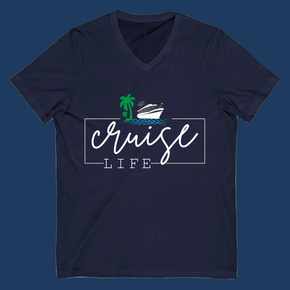 Cruising life tropical design featuring a cruise ship, palm trees, ocean waves and sun with white script lettering