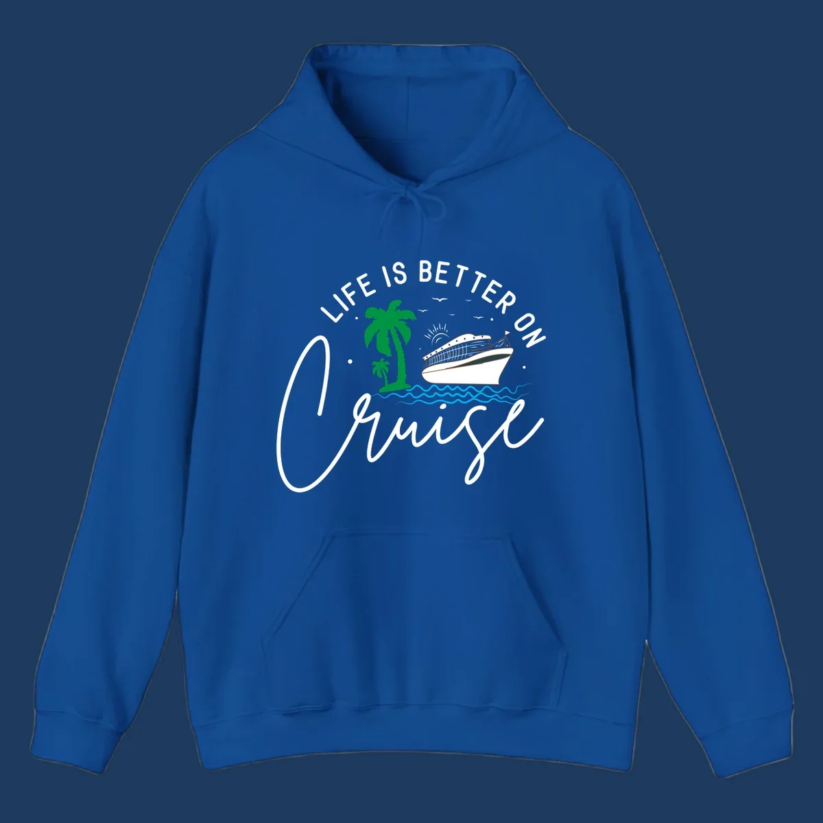 Tropical cruise ship design with palm trees and ocean waves, text reads 'Life Is Better On Chill' in white lettering