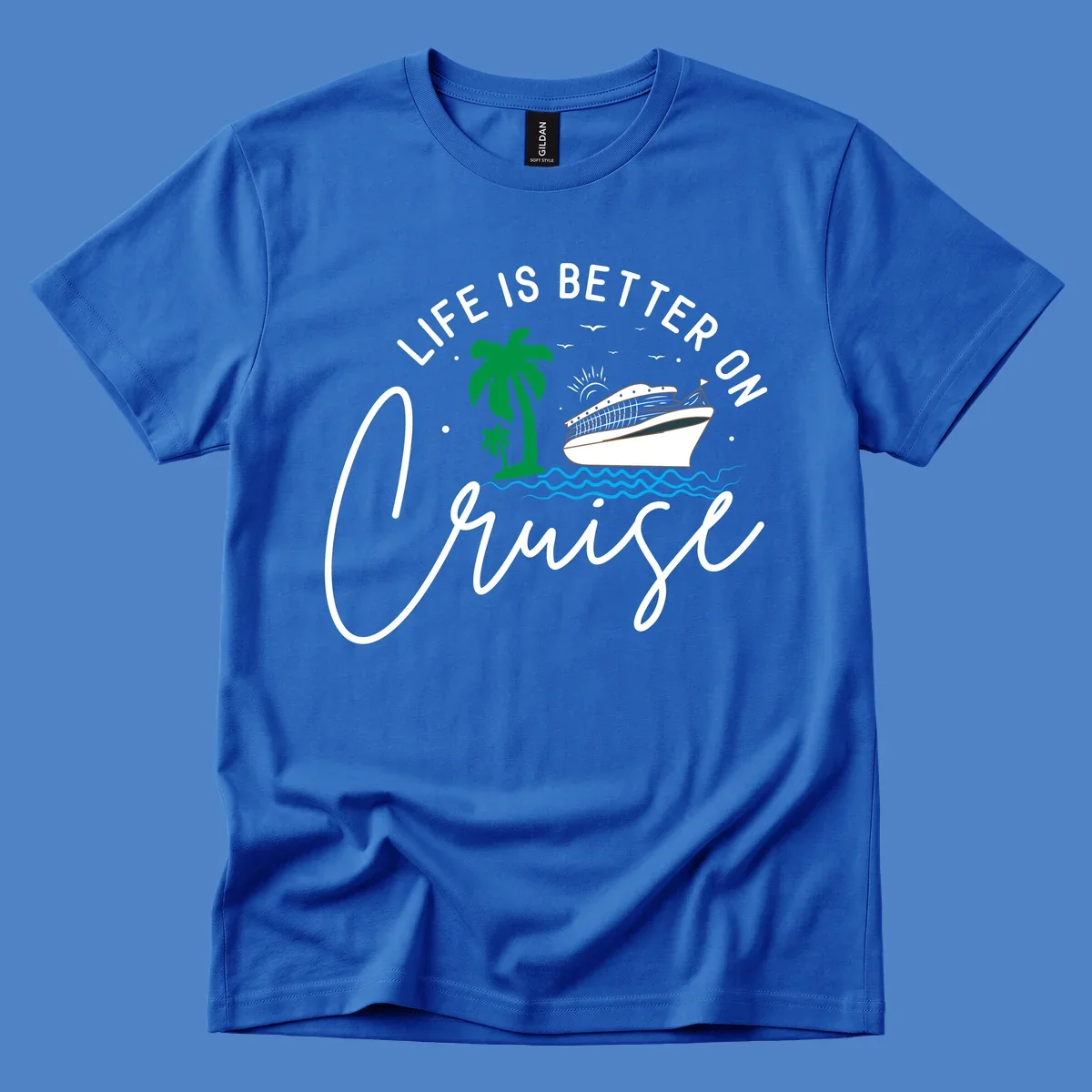 Tropical cruise ship design with palm trees and ocean waves, text reads 'Life Is Better On Chill' in white lettering