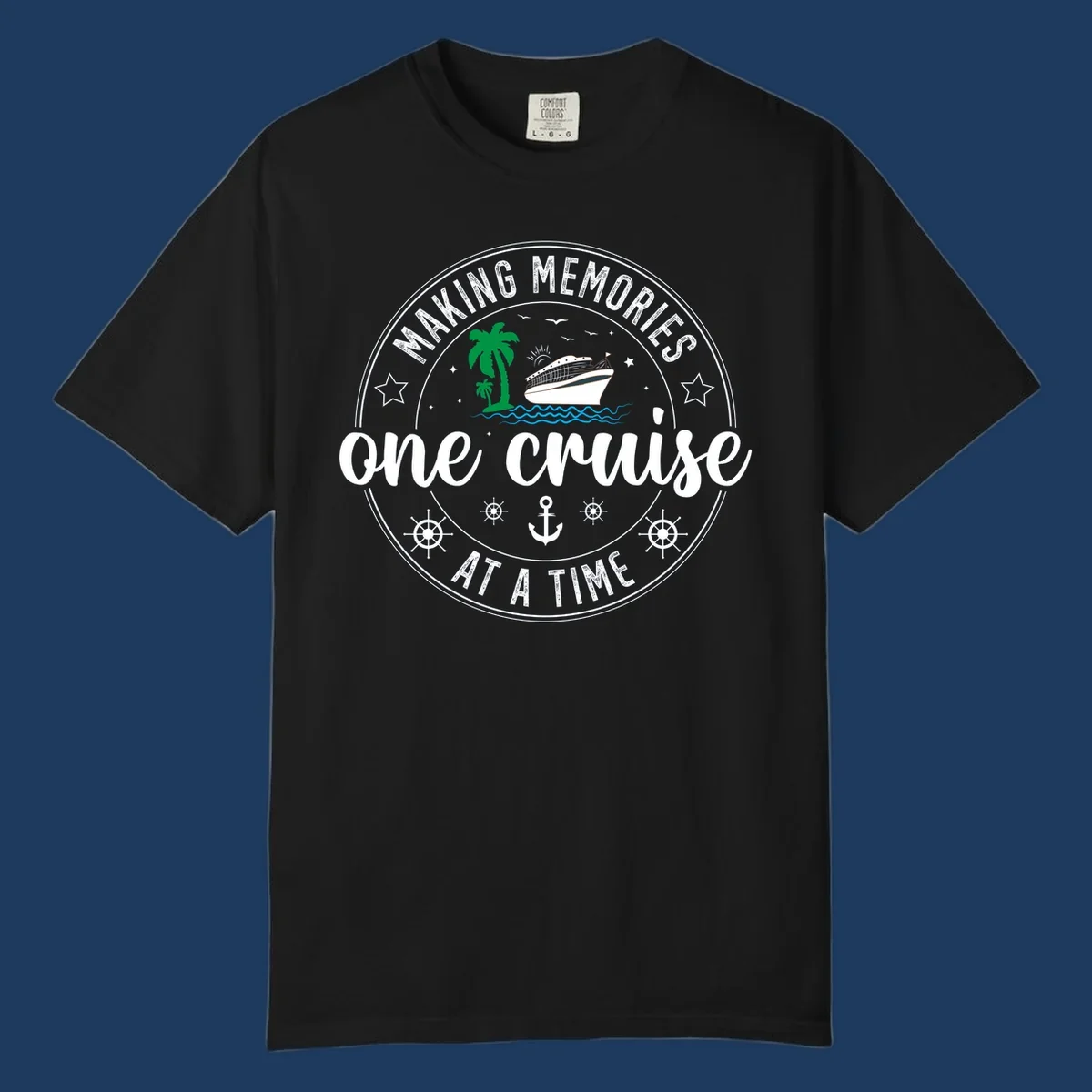Making memories one cruise circular badge design with cruise ship, palm trees, ocean waves, anchors and ship wheels