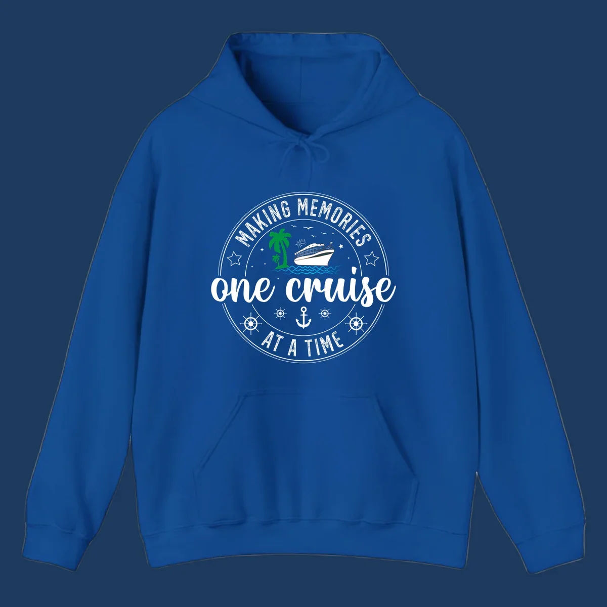 Making memories one cruise circular badge design with cruise ship, palm trees, ocean waves, anchors and ship wheels
