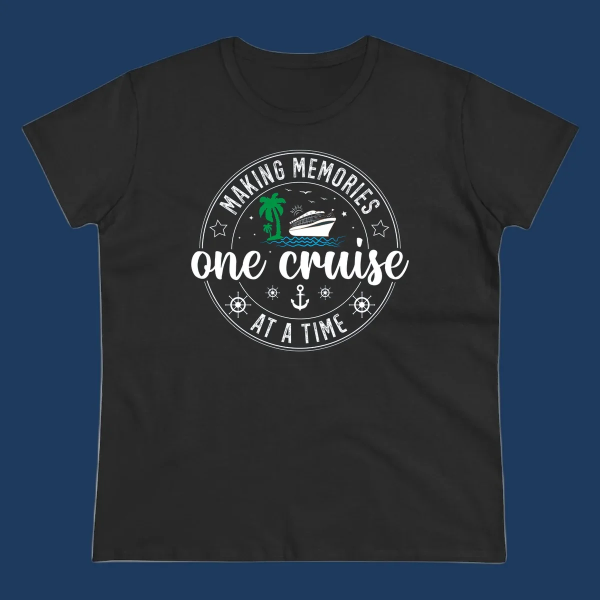 Making memories one cruise circular badge design with cruise ship, palm trees, ocean waves, anchors and ship wheels