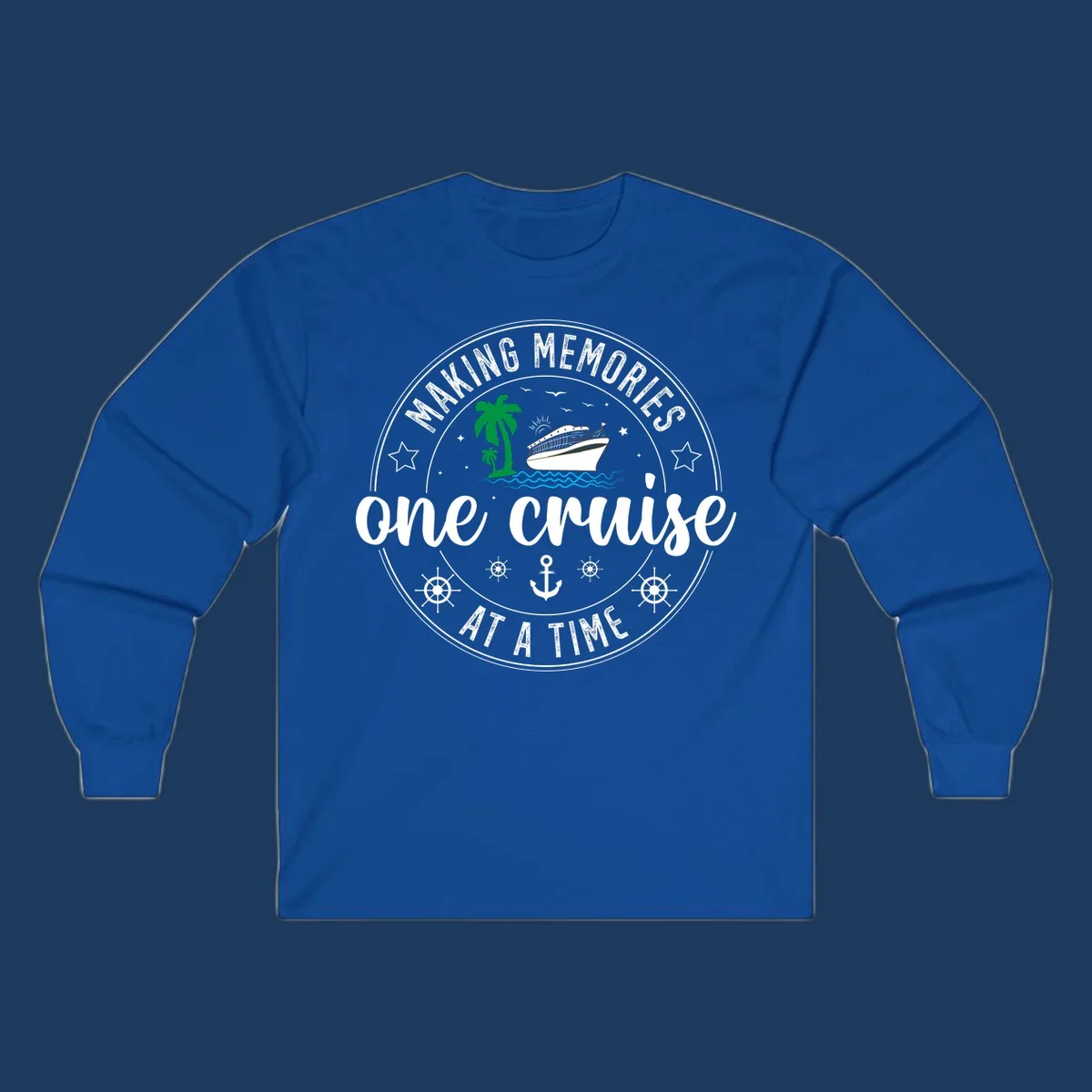 Making memories one cruise circular badge design with cruise ship, palm trees, ocean waves, anchors and ship wheels