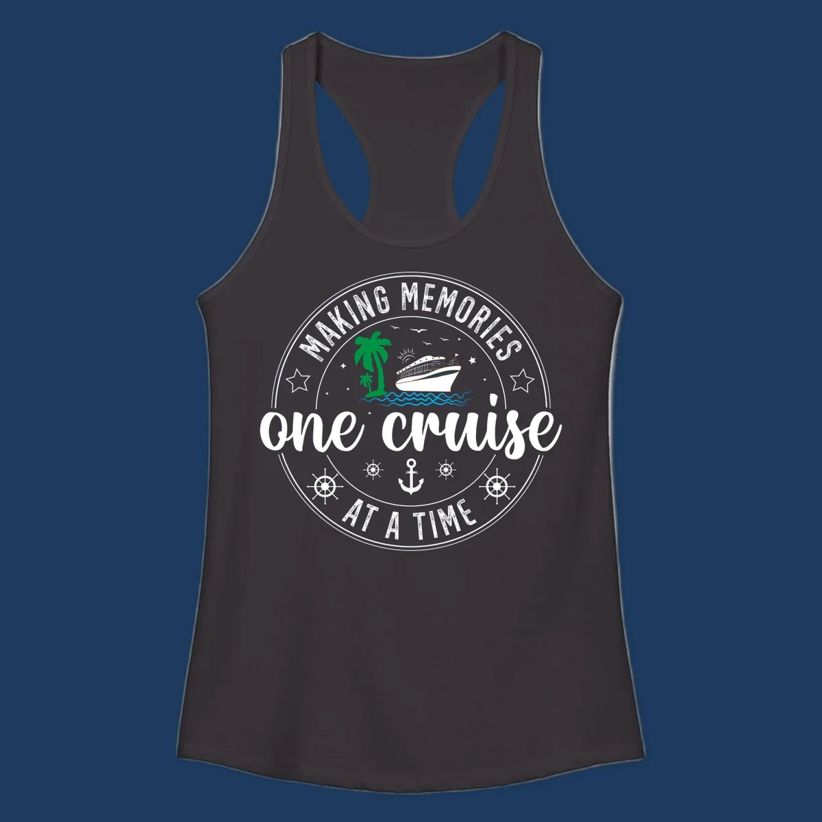 Making memories one cruise circular badge design with cruise ship, palm trees, ocean waves, anchors and ship wheels