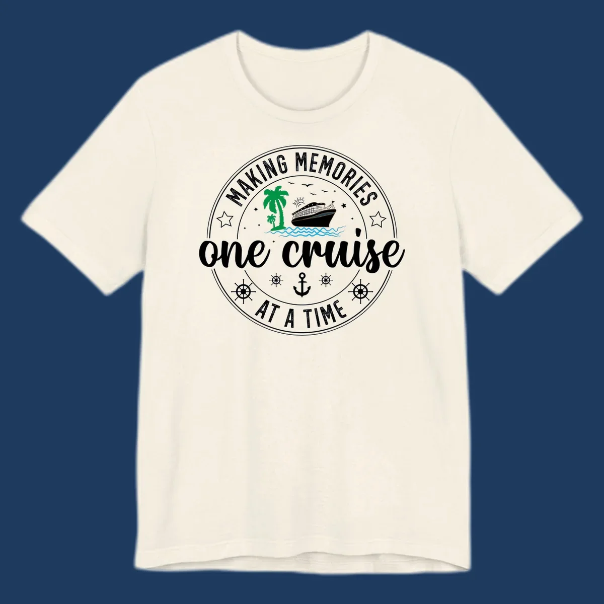 Making memories one cruise circular badge design with cruise ship, palm trees, ocean waves, anchors and ship wheels