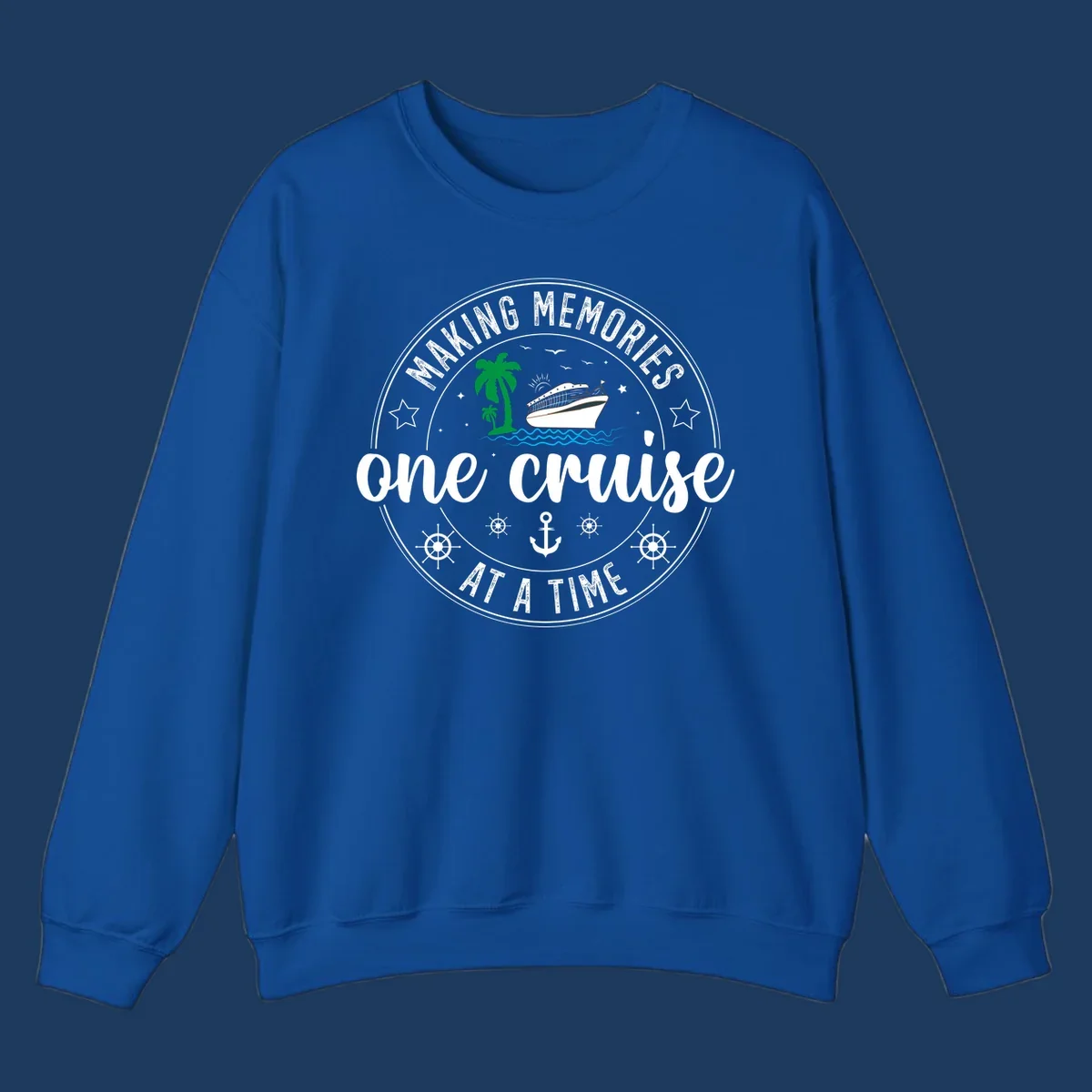 Making memories one cruise circular badge design with cruise ship, palm trees, ocean waves, anchors and ship wheels