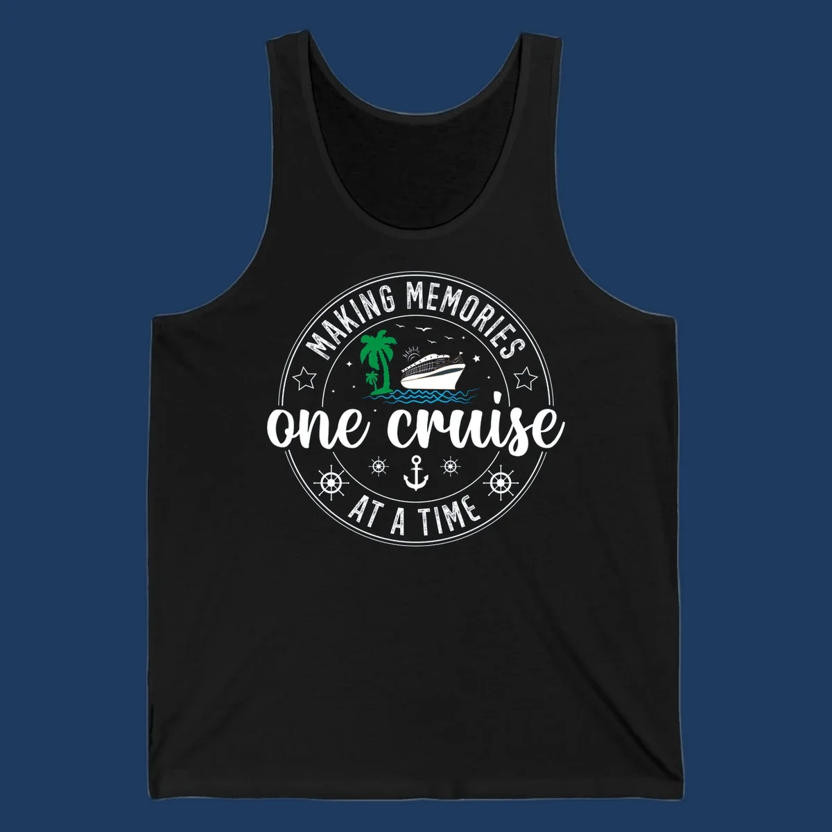 Making memories one cruise circular badge design with cruise ship, palm trees, ocean waves, anchors and ship wheels